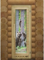 Дверь стеклянная Фотопечать "ЭЛИТ ЛЮКС МИШКИ" (стекло 6 мм, 2 петли, коробка ольха/береза) 1850*730