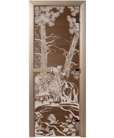 Дверь стеклянная «DoorWood Мишки в лесу» Бронза, 8 мм, 1900х700, 3 петли - осина